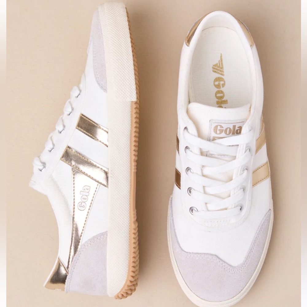 Gola Badminton Off White and Gold Color Block Suede Leather Sneakers